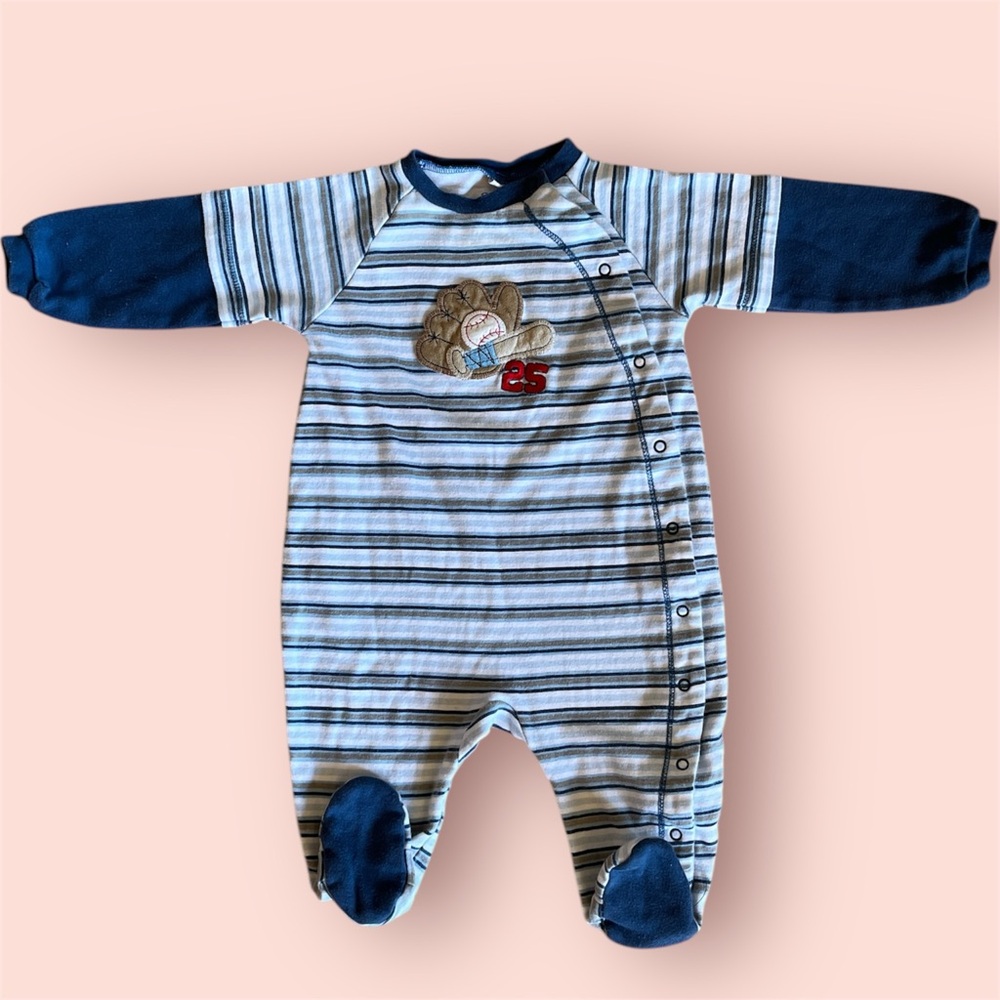 Pakkle Navy Blue and Light Blue Striped Footie with Animal Appliqué